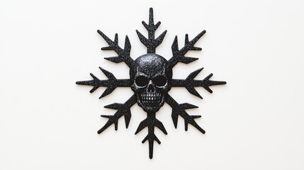 Gothic black glitter snowflake with a skull decoration. Spooky alternative Christmas and Halloween concept isolated on a white background