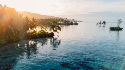 Landscape with mangrove trees in blue ocean and sunrise or sunset.