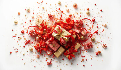 Cascading Christmas gifts and glitter vortex flat lay