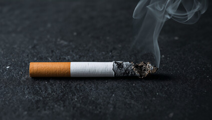 Burnt cigarette with smoke coming from the end, symbolizing the harmful effects of smoking