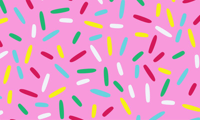 Sweet Sprinkles Seamless Pattern. Pink Strawberry Candy Background with Colorful Sprinkles. Colorful Sprinkles Seamless Pattern on Pink. Ideal for wrapping paper, bakery branding, and candy packaging