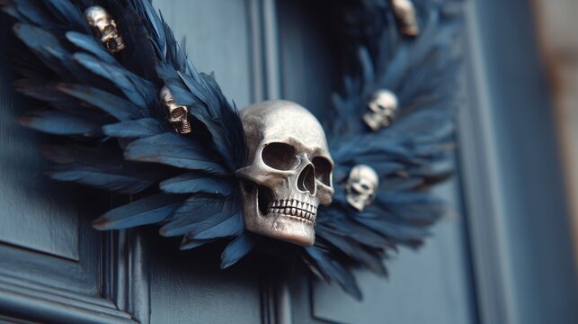 Gothic Halloween wreath with skulls and black feathers. Macabre holiday decoration hanging on a dark door. - Powered by Adobe