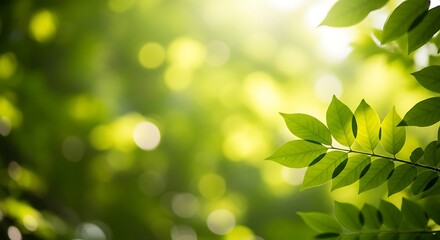 Obraz premium Sunlit green leaves with bokeh background for summer or spring