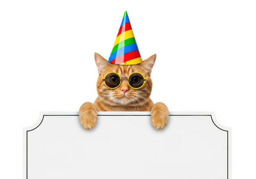 Ginger cat wearing party hat and sunglasses holding a blank sign