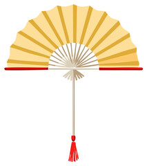 Elegant traditional Asian paddle fan in yellow and gold with a red tassel illustration