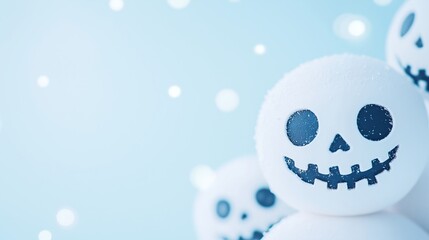 Spooky smiling skull characters on a winter background. Gothic Christmas and Halloween holiday concept. Festive horror decoration with copy space for text