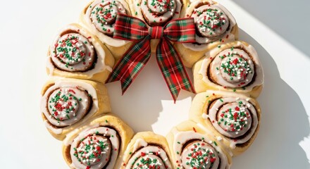 Fototapeta premium Festive Christmas Wreath Pastry with Ribbon and Sprinkles.