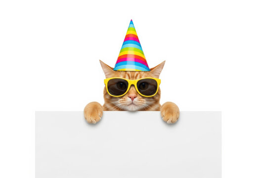Ginger cat wearing sunglasses and a party hat holding a blank sign