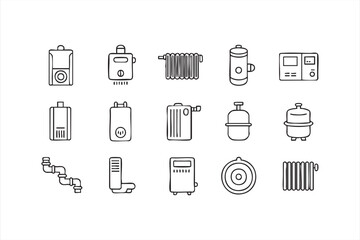 Minimal HVAC heating system icon set for plumbing and energy design