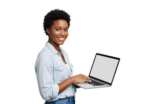 Tech-Savvy: A smiling individual confidently engages with a laptop, exuding a sense of competence and ease in a tech-driven world. 