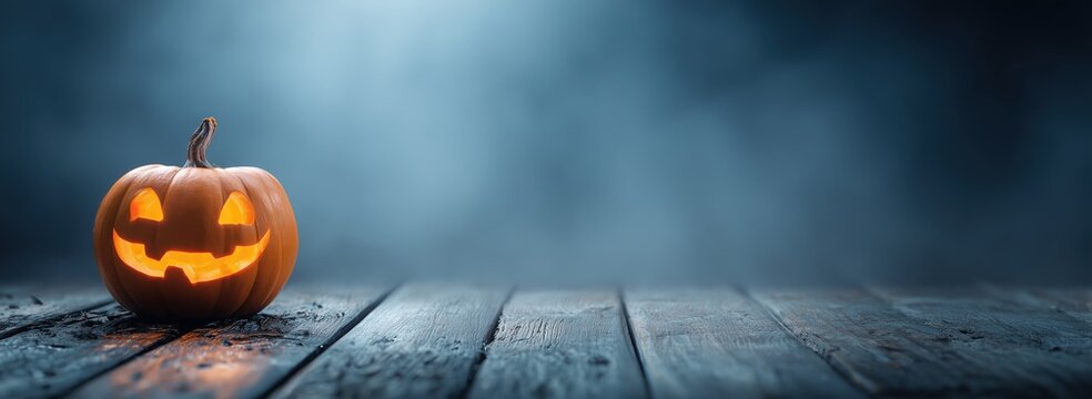 Lit Jack-O'-Lantern on Dark Wood Table (Moody Halloween Atmosphere) · Spooky Festive Concept