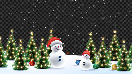 Snowy background. Snowdrifts. Snowfall in transparent background with christmas tree. Winter season background. Merry Christmas wish snowy background. Winter season with 3D cheerful snowman.