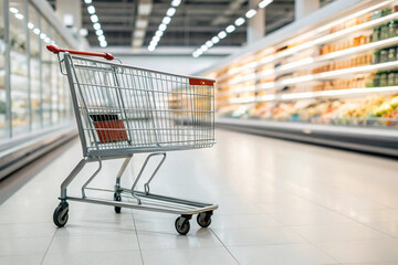 Empty shopping cart in a brightly lit supermarket aisle with blurred refrigerated shelves, symbolizing consumer choices and daily grocery runs