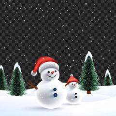 Snowy background. Snowdrifts. Snowfall in transparent background with christmas tree. Winter season background. Merry Christmas wish snowy background. Winter season with 3D cheerful snowman.