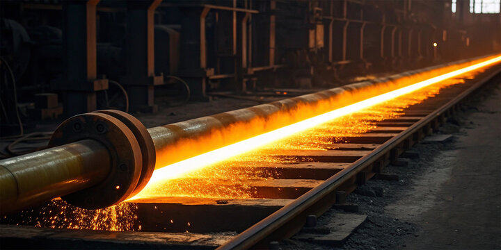 Molten metal processing in industrial setting. A continuous casting process of steel with sparks and heat