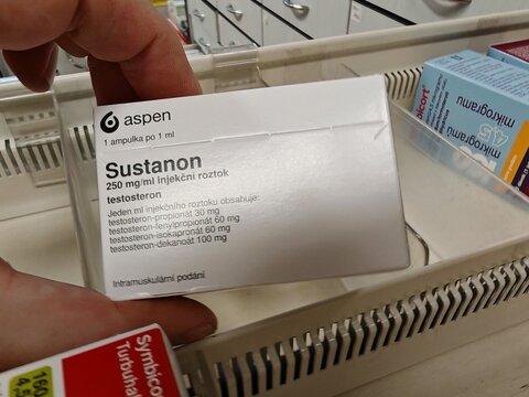 Prague,Czech Republic-May 6 2025: SUSTANON testosterone injection used in hormone replacement therapy for men with low testosterone levels or hypogonadism