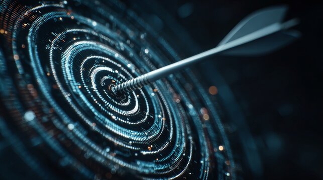 Arrow hitting digital target with precision, symbolizing success in data driven marketing and strategic technology solutions for business growth