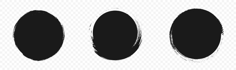 Brushstroke ring Set, black ink circles PNG, grunge charcoal blobs and rough textured borders isolated on transparent backdrop.