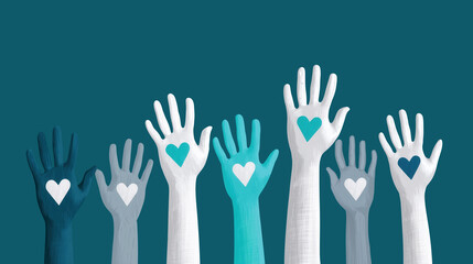 Hands raised with heart icons on blue background, symbol of support, equality, care and social unity