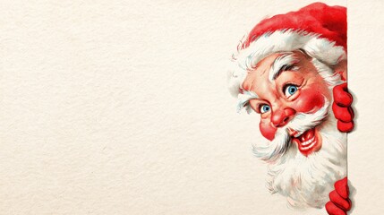 Vintage Santa Claus illustration, retro Christmas greeting, 1950s style Santa peeking around edge, nostalgic holiday art on textured paper