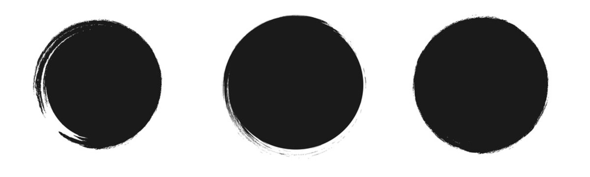 Charcoal brush circle Set , grunge ink blobs, rough round stains, hand-drawn textured rings for abstract design on transparency.