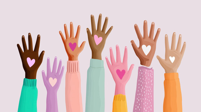 Diverse raised hands with heart symbols showing inclusion, community support, kindness and shared humanity