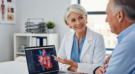 Fototapeta premium Compassionate doctor explaining heart health on laptop to senior patient, fostering trust and understanding during consultation, promoting wellness and care