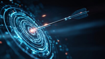 Stunning arrow hitting digital target, futuristic success concept, achieving goals with precision and modern technology, perfect aim, success story