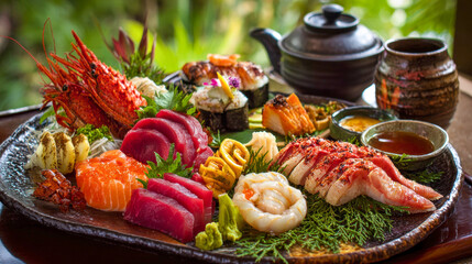 Luxurious Japanese sashimi and sushi platter served with fresh seafood