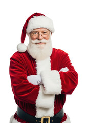 Confident elderly caucasian man as santa claus in a red velvet suit smiling friendly on a white background with copy space, professional christmas character concept