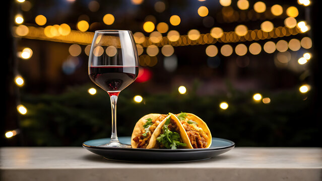 Delicious gourmet tacos served with a glass of red wine on a plate with bokeh lights background