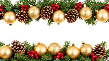 Festive border decorations featuring gold ornaments, pinecones, and greenery for celebrations
