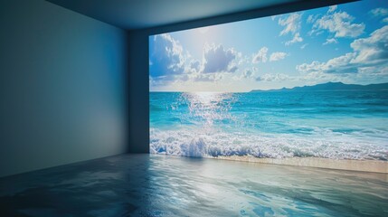 Person is standing in a gallery space with a huge projection of the sea and a beautiful sunny beach on a wall in an art gallery