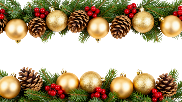 Festive border decorations featuring gold ornaments, pinecones, and greenery for celebrations