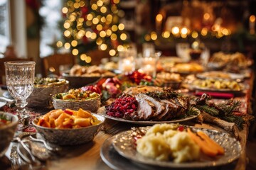 Fototapeta premium Christmas dinner table with roasted meat and side dishes