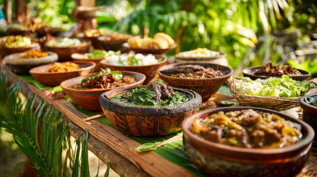 Authentic tropical feast with various dishes in wooden bowls - Powered by Adobe