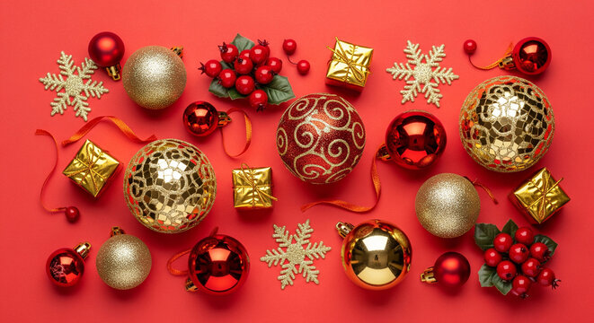 Festive Christmas cheer with gold ornaments, red baubles, and gifts create a vibrant holiday backdrop for social media or seasonal promotions