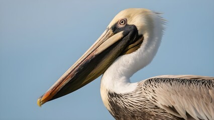 A close-up of a great white pelican, highlighting its long beak and striking eyes.