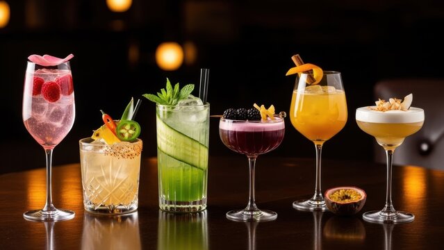 An enticing array of expertly crafted cocktails lined on a bar top waiting to be enjoyed and savored