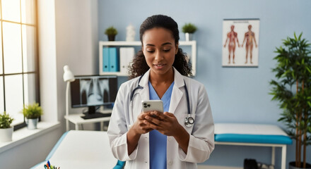 Focused young doctor using phone for patient care in modern office, showcasing technology in healthcare and reliable communication for improved health outcomes