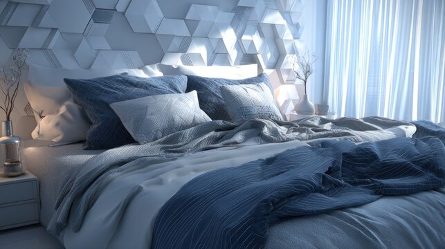 Luxurious bedroom with soft blue bedding and modern geometric wall design detail