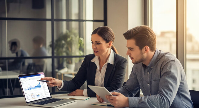 Dynamic business team analyzing growth charts on laptop, strategizing for success in a modern office environment with tablet and collaborative spirit