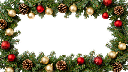 Decorative holiday wreath with golden and red ornaments and pine cones on green branches