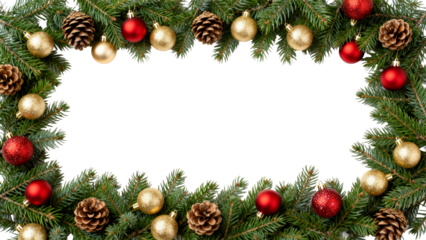 Decorative holiday wreath with golden and red ornaments and pine cones on green branches