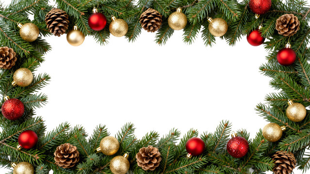 Decorative holiday wreath with golden and red ornaments and pine cones on green branches - Powered by Adobe