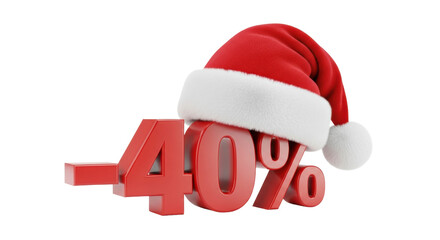 A 3d render of a glossy red -40% discount sign with a santa hat isolated on a transparent background with soft shadows. Festive holiday shopping promotion concept