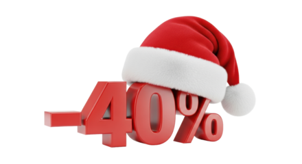 A 3d render of a glossy red -40% discount sign with a santa hat isolated on a transparent background with soft shadows. Festive holiday shopping promotion concept