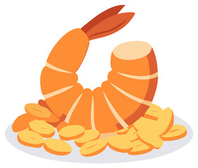 Cooked Shrimp with food on a plate, illustration