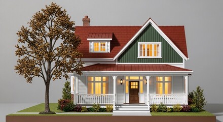 Beautiful miniature model house with red roof and green siding for collectors