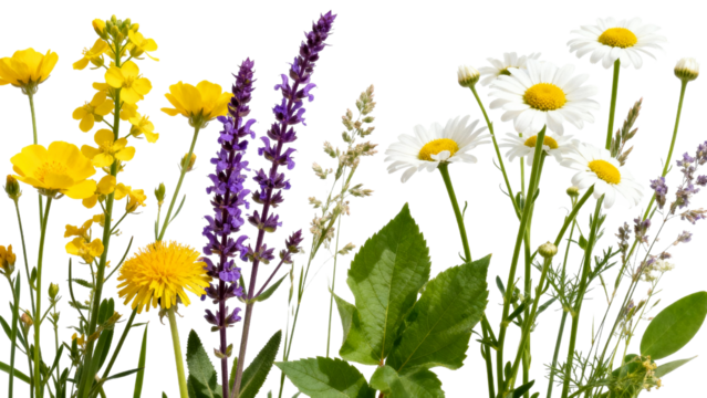 Colorful wildflowers arranged in a row showcasing nature's beauty in a bright setting